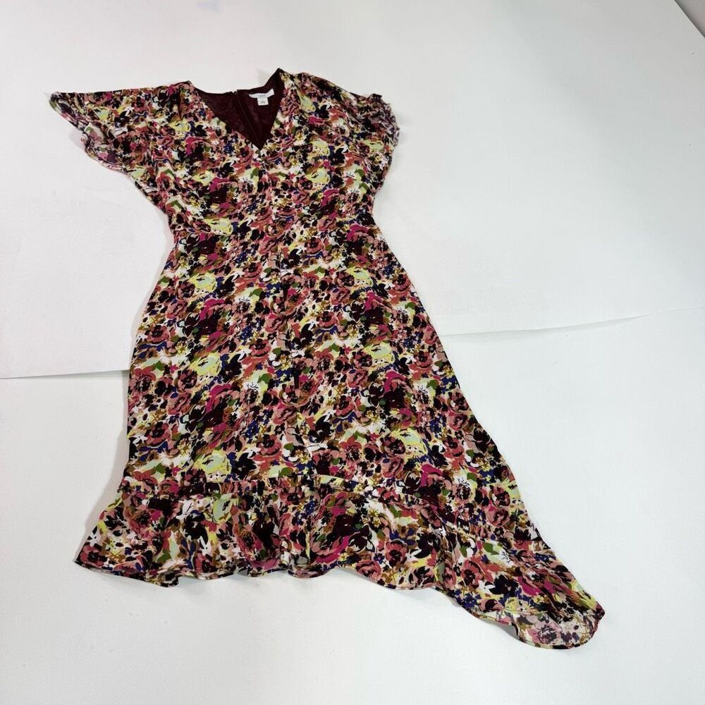 Lewit Midi Dress Womens 0 Floral Asymetrical Hem V Neck Short Sleeve